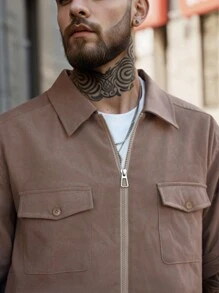 Manfinity Homme 男士纯色简约日常长袖夹克 - 杏色 - 查看 4