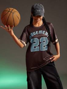 Streetz SHEIN Sport 圆领短袖字母印花简约运动速干 T 恤、棒球服 - 棕色 - 查看 8