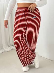 SHEIN EZwear 大码女式夏季休闲宽松高腰直筒裤带口袋，红色条纹针织面料 - 乾枯玫瑰色 - 查看 3