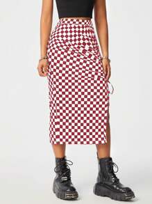 SHEIN EZwear Women's Slit Bodycon Houndstooth  Skirt, Suitable For Summer - Burgundy - View 6