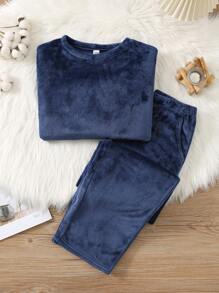 SHEIN 2 件青少年男童简约柔软法兰绒长袖睡衣套装（含裤子），秋冬季 - 藏蓝色 - 查看 3