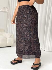 SHEIN EZwear Plus Size Vintage Leopard Print Mesh Maxi Skirt - Chocolate Brown - View 4