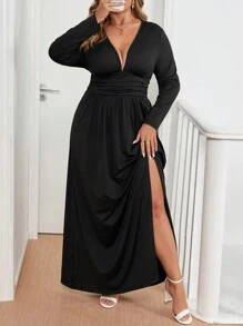 Gownix Black Long Sleeve Dress, Soft & Comfortable Plus Size Women Knitted Elegant Layering Dress For Fall & Winter - Black - View 8