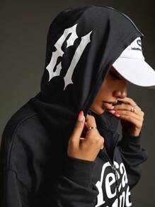SHEIN Sports Áo khoác thể thao dài tay in chữ màu đen giản dị cho nữ có mũ trùm đầu có khóa kéo - màu đen - Xem 5
