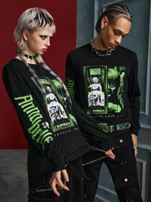 ANNABELLE x SHEIN 男女款单件休闲暗黑朋克风格恐怖人物和字母印花长袖 T 恤，秋季 - 黑色 - 查看 4