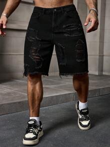 Manfinity EMRG 男士夏季休闲纯色破洞牛仔短裤 - 黑色 - 查看 1