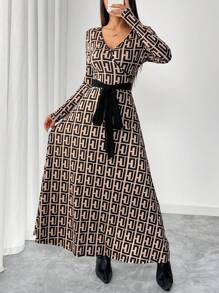 Mulvari Women's Geometric Print V-Neck Long Sleeve Knotted Waist Maxi Casual Arabian Style Modest Dress