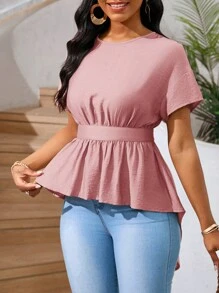 SHEIN Lady 女士露背系带高低休闲衬衫，卡其色和米色，夏季上衣 - 藕粉色 - 查看 3