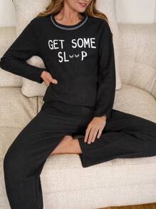 RueChic 100% Cotton 2Pcs  Slogan Printed With Contrast Stitching Detail Lounge Set - Black - View 5