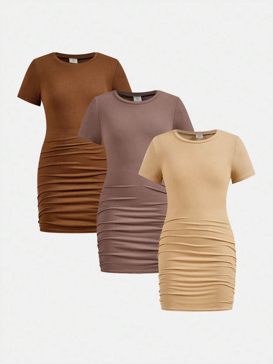 SHEIN 3pcs/Set Tween Girl Solid Color Crew Neck Fitted Casual Short Sleeve Dress Set - Khaki - View 1