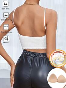 SHEIN Essnce Áo ba lỗ lông cừu màu trơn thường ngày cho nữ mùa thu Áo ba lỗ hở lưng ôm vừa vặn, đệm ngực bó sát, áo ba lỗ cơ bản, áo nữ, áo ba lỗ không cần áo ngực, quần áo mùa thu cho nữ - trắng - Xem 3