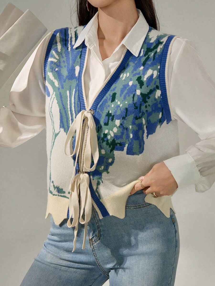 Mulvari 女士秋冬 V 领提花图案系带毛衣背心 - 彩色 - 查看 1