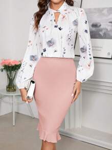 SHEIN Clasi 2 piezas Conjunto de blusa con cuello entallado y manga larga con estampado floral elegante y falda ajustada tipo cola de pez, azul y blanco, conjunto informal de trabajo para primavera, verano y otoño - Rosa - Ver 1
