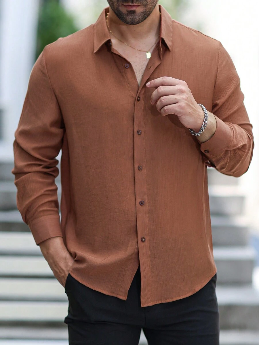Manfinity Mode Áo sơ mi nam tay dài màu trơn thường ngày đi làm, mùa xuân và mùa hè - màu nâu - Xem 1
