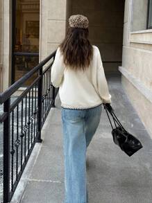 SHEIN Frenchy Women's Chunky Knit Bow Colorblock Oversized Loose Pullover Sweater, Women's Chunky Knit Bow Colorblock Oversized Loose Pullover Sweater Fall Casual Knit With Bow Decor, Oversized Crew Neck And Dropped Shoulders For Women, Fall/Winter For Women/Halloween Sweater/Essentials/Christmas/Women's Office Attire/Basic/Cute., Long Sleeve Tops - Beige - View 3