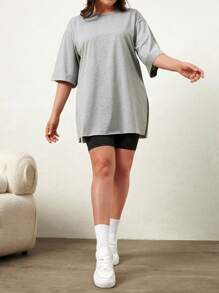 EURMUSE Plus Size  Two Side High Slit Oversize T-Shirt - Grey - View 4