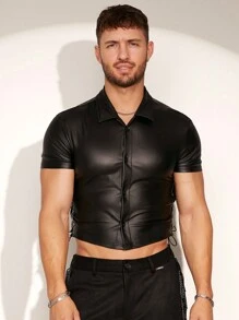 FeverCity Men's Elastic Side Eyelet-Tie Form Fitting Short Shirt - Black - View 4