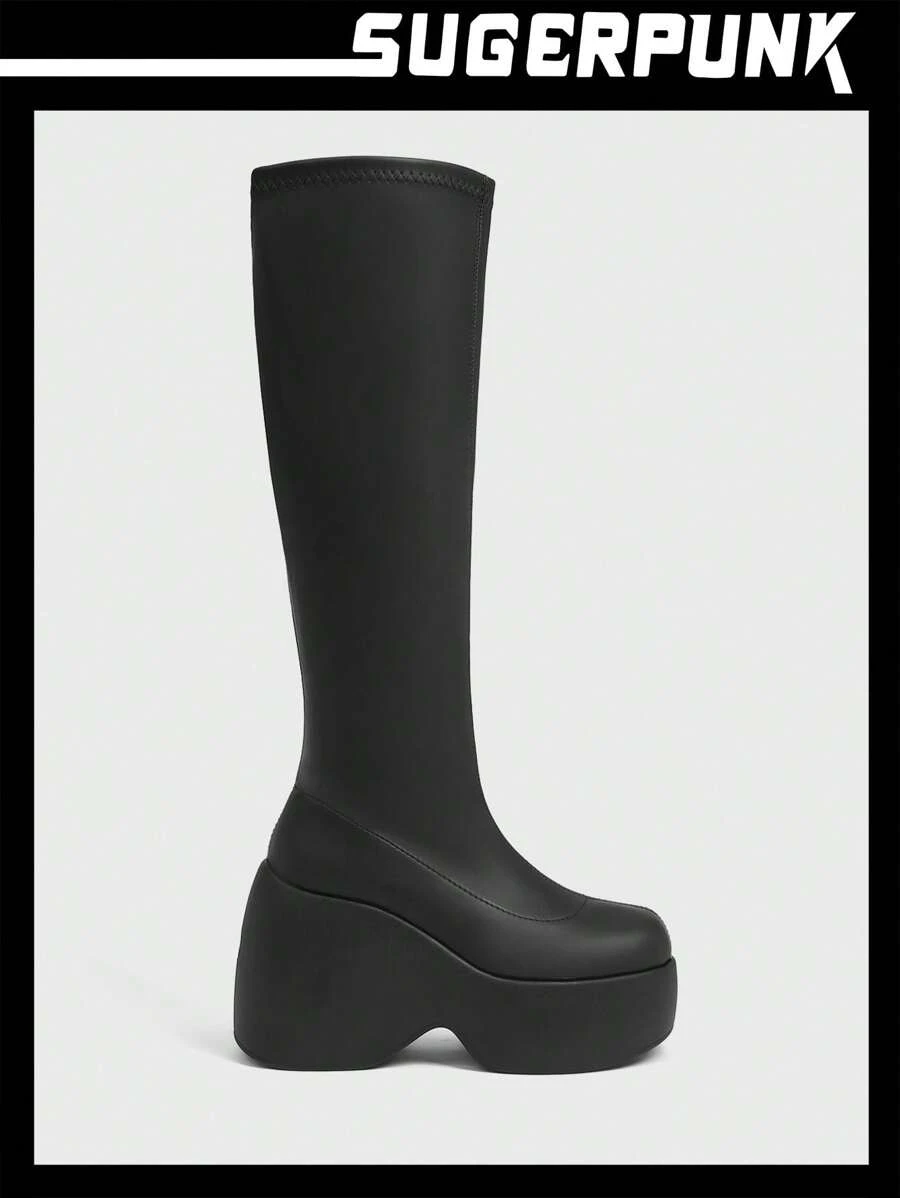 Sugerpunk Mẫu mới về: Giày bốt cao đến đầu gối đế dày thời trang nữ, thích hợp cho mùa xuân, kỳ nghỉ xuân, lễ Phục sinh. - màu đen - Xem 1