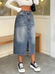 EURMUSE 100% Cotton WOMEN MID WAIST SLASH DETAIL MIDI SKIRT - Medium Wash - View 7