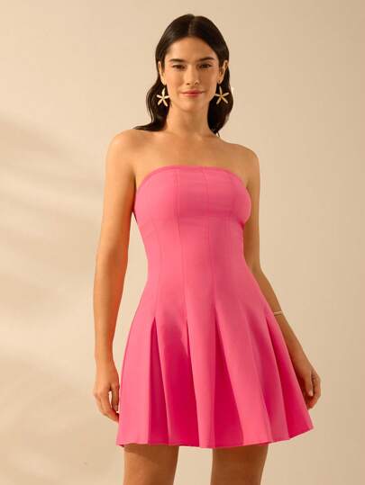 CAJUNI Abito corto plissettato senza spalline rosa, vestito da spiaggia estivo casual per vacanze