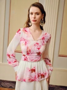 ZEYLAH FLORAL PRINT V-NECK LANTERN SLEEVE PEPLUM TOP WITHOUT BELT - Pink - View 6
