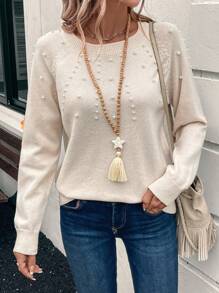 EMERY ROSE Women's Crew Neck Long Sleeve Simple Casual Sweater With Faux Pearl Decor In Fall/Winter