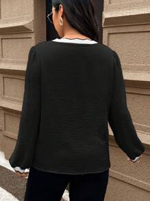 SHEIN Frenchy Plus Size Contrast Trim Long Sleeve Shirt, Autumn - Black - View 2