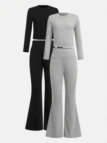 2sets Tween Girl Basic Grey & Black Long Sleeve Knit Top & High Waist Flare Knit Pants Sets