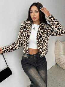 SHEIN Unity Leopard Print Fleece Cropped Jacket, Fall/Winter - Multicolor - View 4