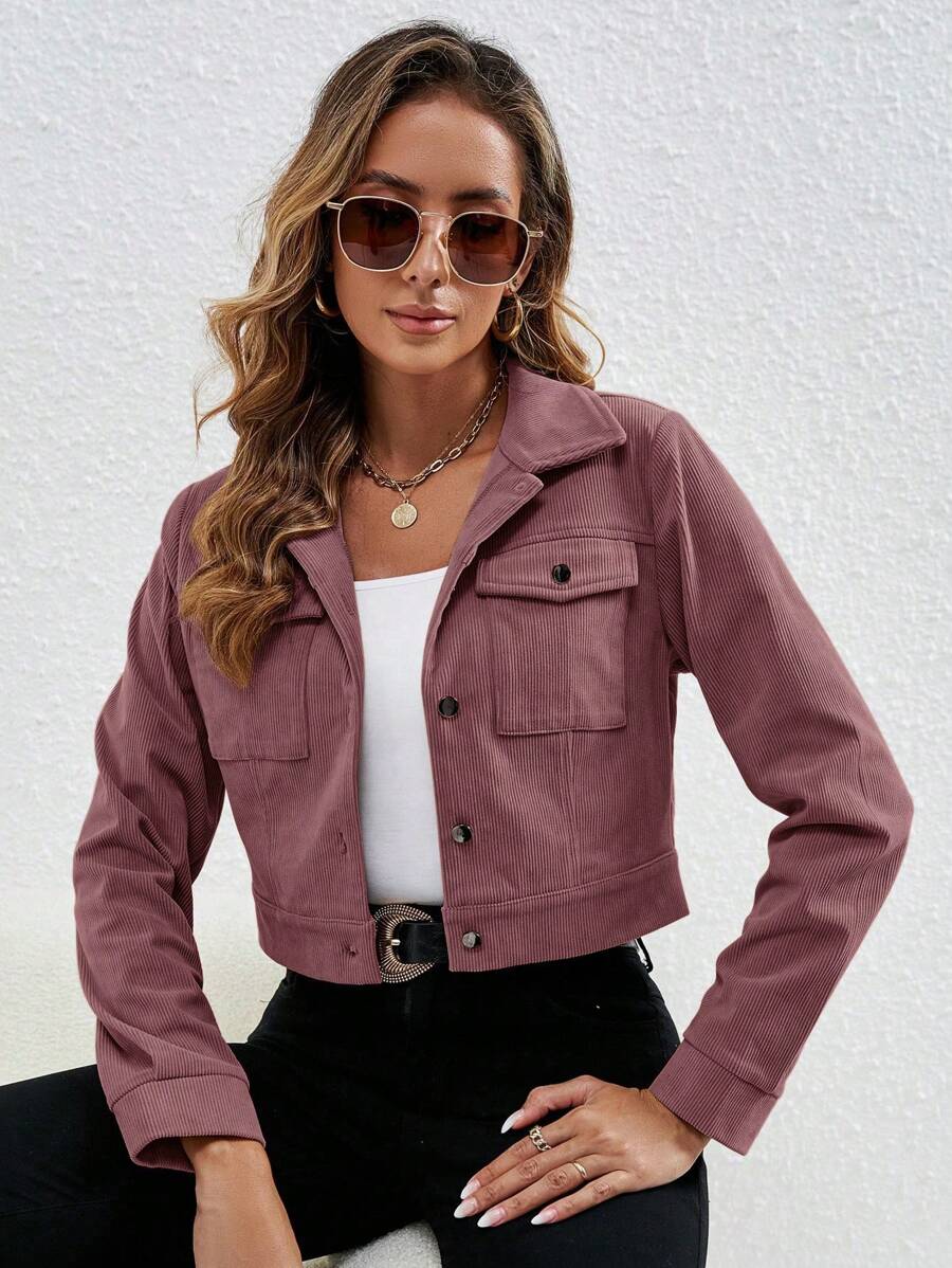 SHEIN LUNE Plain Front Button Long Sleeve Pocket Simple Short Jacket, Casual Daily Wear - Coral Pink - View 1