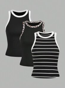SHEIN LUNE 3pcs/Set Contrast Trim Scoop Neck Tank Tops Sports Outdoor Casual Tank Top For Women