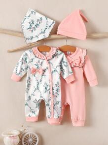 4 Peças Macacão Vintage Floral Miúdo Versátil e Prático para Meninas Bebê - Multicolorido - Visão 1