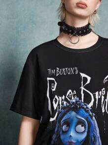 Corpse Bride X SHEIN Unisex Casual Fitted Emily Character Print Black Short Sleeve T-Shirt,Graphic Tee - Black - View 4