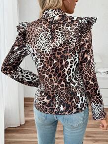 SHEIN LUNE Women's Leopard Print Patchwork Ruffle Hem Zipper Front Long Sleeve Jacket Fall Cloth For Women - Khaki - View 2