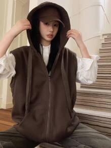DAZY 女式休闲无袖连帽丝带运动衫，秋季，无袖拉链上衣 - 咖啡棕 - 查看 4