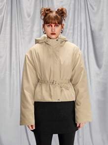 SHEIN 少女时尚休闲日常连帽落肩长袖纯色短款加厚保暖防风棉服外套，秋冬季可搭配单肩包、背包、斜挎包、棒球帽、渔夫帽、贝雷帽、短靴、玛丽珍鞋、太阳镜、耳机 - 卡其色 - 查看 6