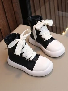 经典、时尚、可爱的中性儿童乐福鞋，轻便、缓冲、防滑、韩式防水 PU 皮革中筒靴，时尚休闲运动鞋 - 黑色 - 查看 6