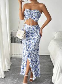 Pariaura Shirred Bandeau Top & Split Maxi Skirt With Ditsy Floral, Summer Outfit For Women, 2 Pieces Set - Blue and White - View 4