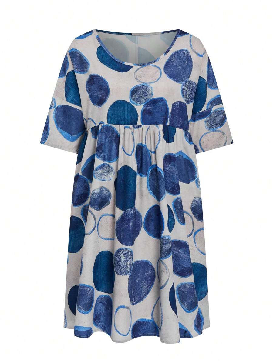 SHEIN LUNE Women's Summer Round Neck Loose Geometric Print Smock Dress - Multicolor - View 1