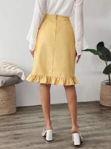 SHEIN LUNE 纯色交叉裹身荷叶边下摆休闲牛仔半身裙 - 黃色 - 查看 2