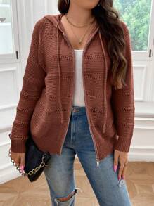 SHEIN LUNE Áo khoác cardigan tay dài raglan màu trơn cỡ lớn cho nữ, mùa thu/đông - màu nâu - Xem 5
