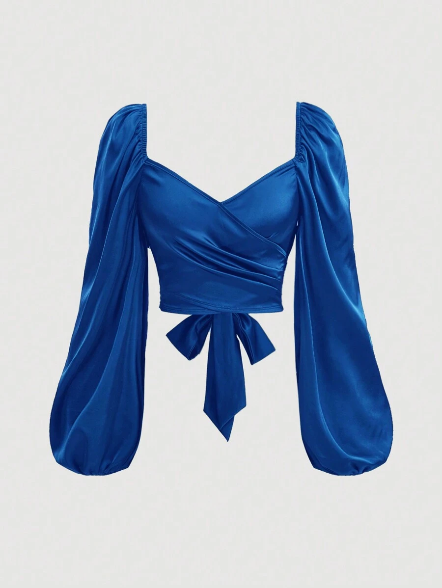 SHEIN MOD Damen Frühlings-/Sommer Einfarbige Bluse mit Herzausschnitt, Ballonärmel und Rückenbindung, elegante Langarmbluse