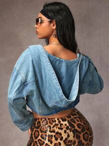 SHEIN ICON 女式春秋拼布磨边短款连帽夹克 - 藍色 - 查看 6