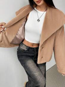 Flirla 女士纯色长袖毛绒领休闲夹克秋冬季 - 卡其色 - 查看 4