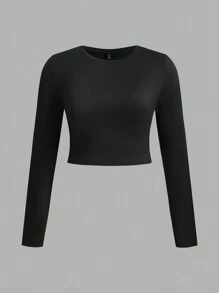 SHEIN EZwear 3pcs/Set Casual Minimalist Black, White, Pink Round Neck Long Sleeve Cropped Fitted Plus Size Women T-Shirts, Summer Pullover - Multicolor - View 3