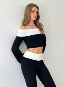 SHEIN Unity 2 Pieces Women's Solid Color Patchwork Off-Shoulder Long Sleeve Sweater And Pants Casual Set - Black and White - View 2
