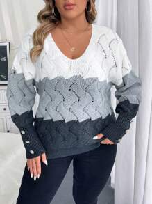Calvaya Plus Size Colorblock V-Neck Long Sleeve Casual Pullover Sweater Knit Pullover Fall Winter - Grey - View 4
