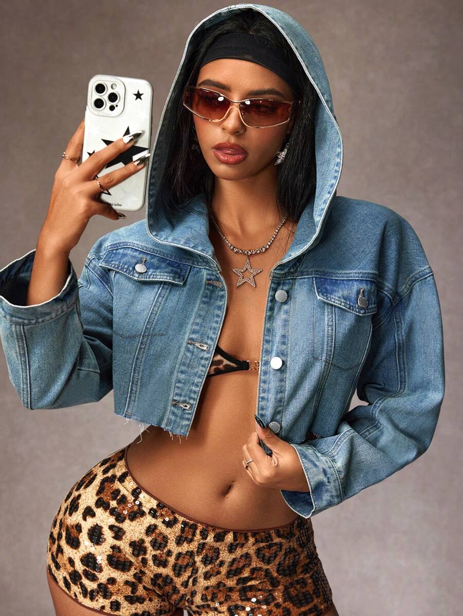 SHEIN ICON 女式春秋拼布磨边短款连帽夹克 - 藍色 - 查看 1