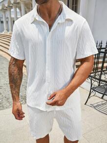 Manfinity Homme 2 件大码男士几何印花短袖衬衫和短裤休闲宽松套装 - 白色 - 查看 3