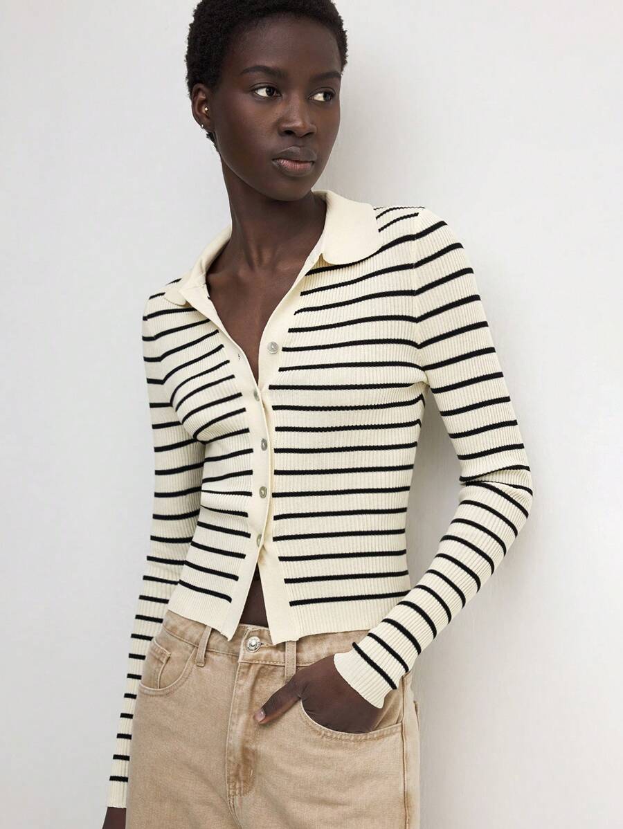 BizChic 女士优雅条纹领扣针织开衫，秋冬季百搭分层上衣